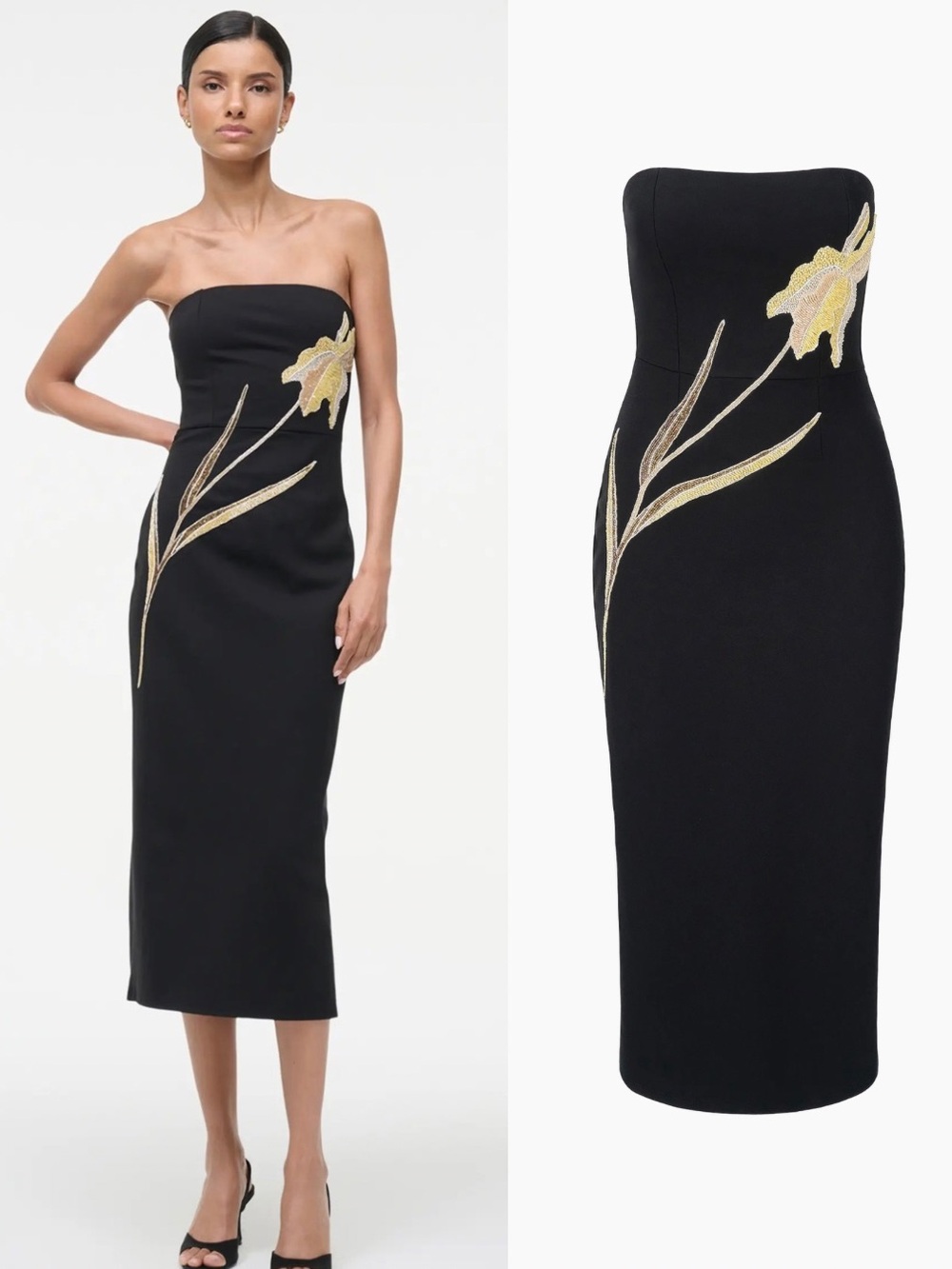 NWT Staud Brooke Beaded Floral Strapless Midi Dress Black Gold M Formal Evening